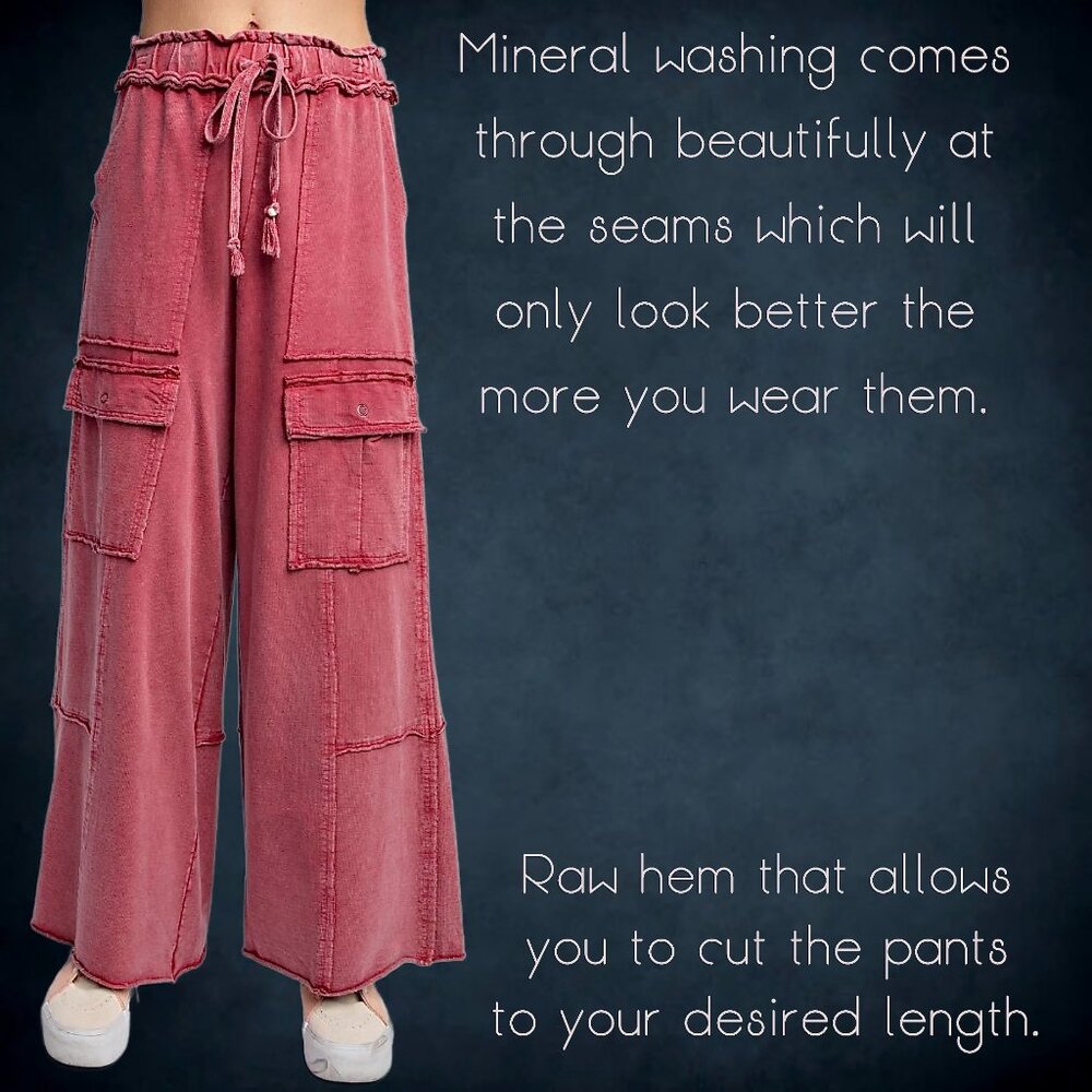 EASEL “Feeling Good Cargos” Mineral Washed Flared Leg, Raw Seams & Hems, Pockets - Picture 9 of 16